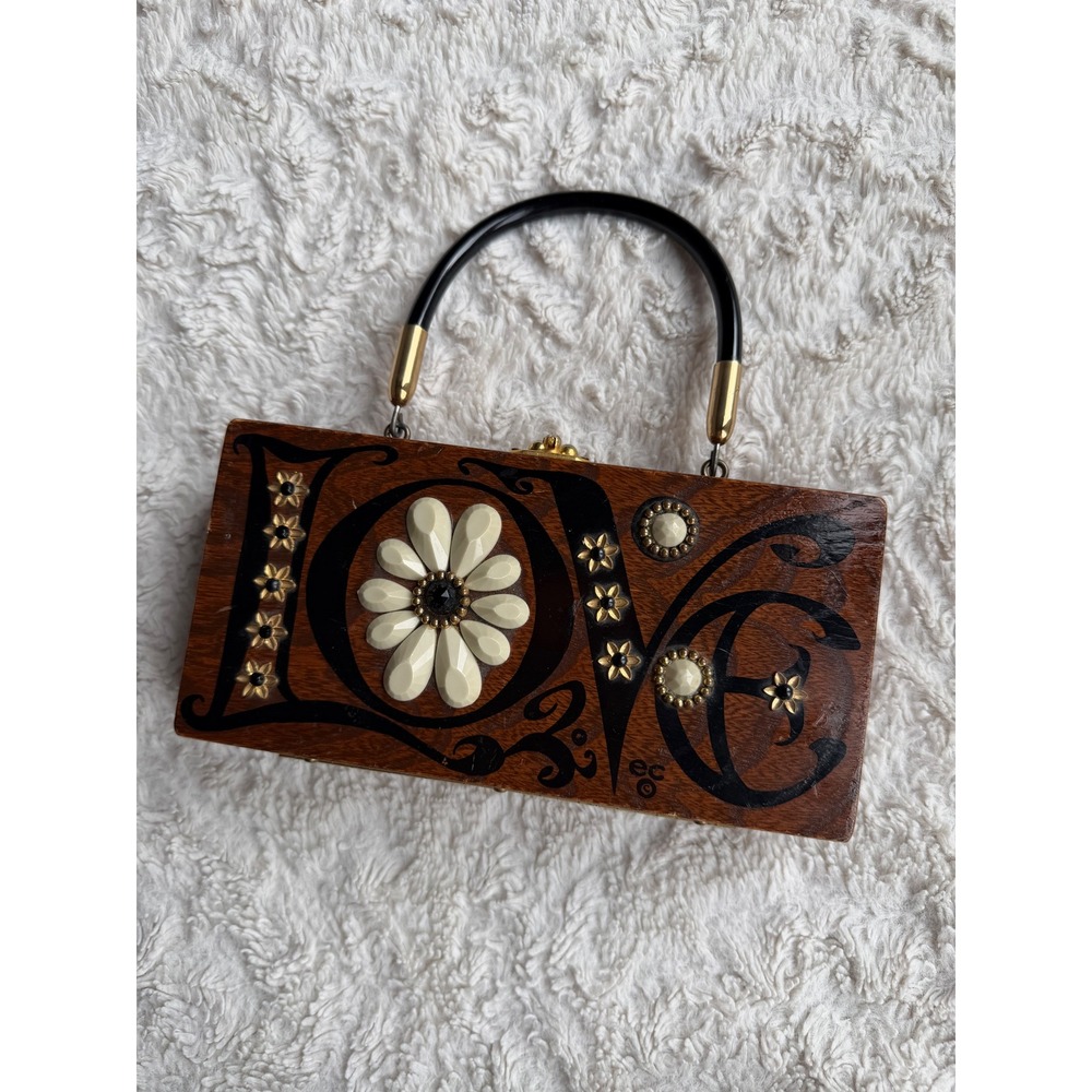 Enid Collins Original Box Bag LOVE Vintage Wood Top Handle Handbag Purse 1960s - Picture 10 of 17